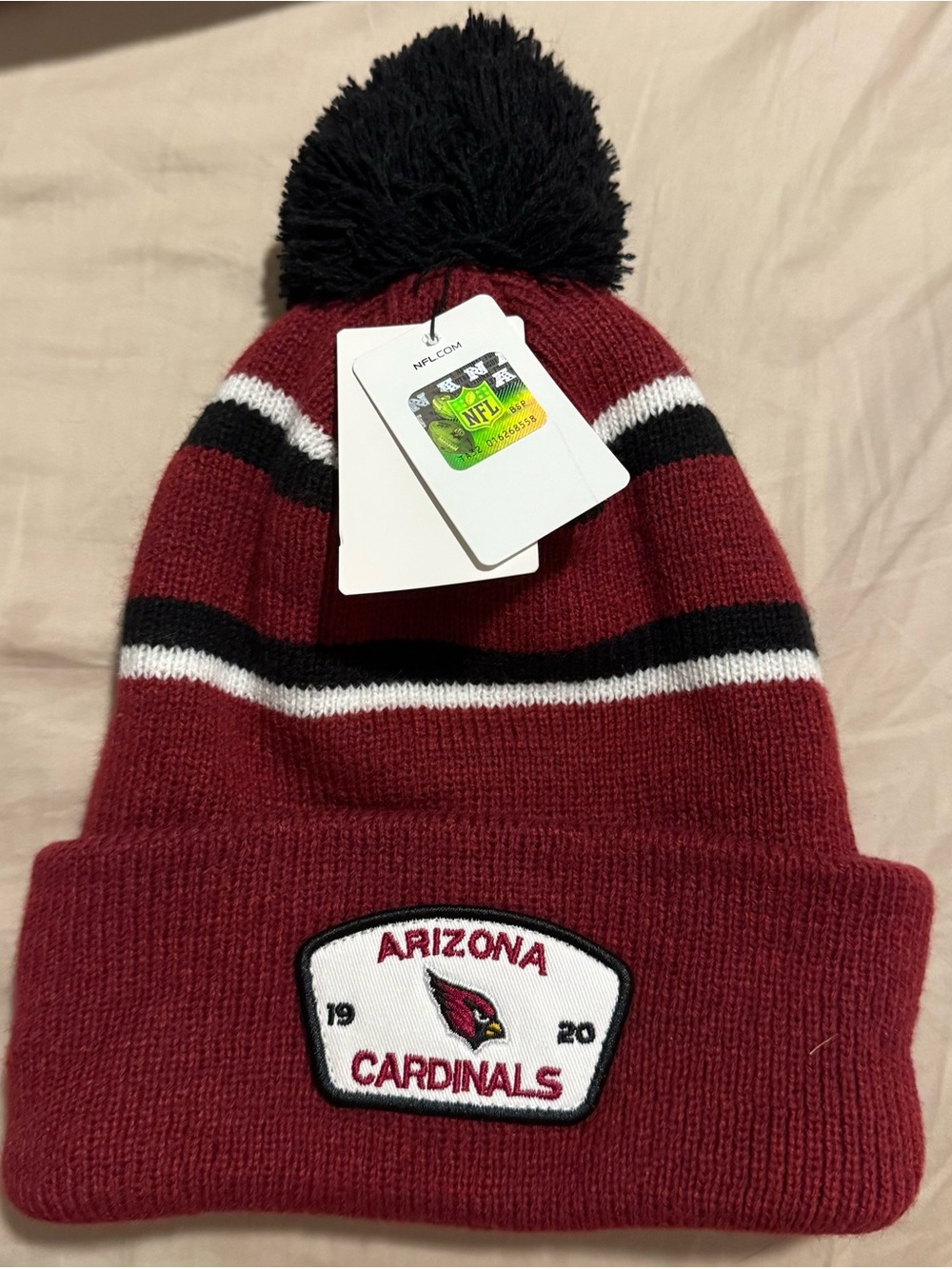 Arizona Cardinals Pom Beanie - Cardinal Red with Black & White Stripes